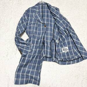 美品 ヴィヴィアンウエストウッド 変形 ロング丈 テーラードジャケット リネン 麻 XL相当50 ブルー チェック 日本製 Vivienne Westwood MAN