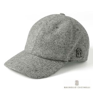 119,900円 新品タグ付き＜BRUNELLO CUCINELLI / ブルネロクチネリ＞ウールカシミヤヘリンボーンベースボールキャップ（グレー×ホワイト）M