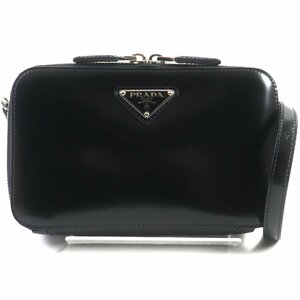 極美品▼PRADA プラダ 定価346500円 2VH173 ブリック ブラッシュドレザー トライアングルロゴ ショルダーバッグ ブラック イタリア製