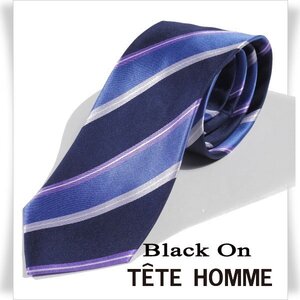 新品1円～★Black On TETE HOMME テットオム シルク絹100％ ネクタイ 織柄 ストライプ ネイビー 正規店本物◆3603◆