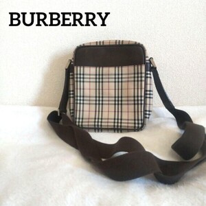 BURBERRY バーバリー 縦型ショルダーバッグ ノバチェック レザー×キャンバス サコッシュポシェット ロゴ型押し ブラウン クリーム 