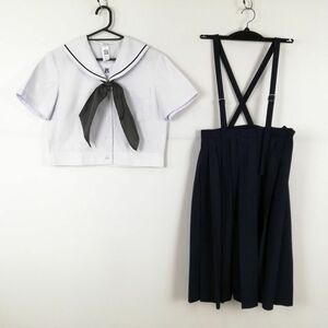 1円 セーラー服 スカート スカーフ 上下3点セット 夏物 青1本線 女子 学生服 熊本長嶺中学 白 制服 中古 ランクC NA9110