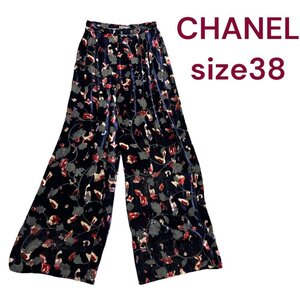 美品　シャネル　花柄　ベロア&シースルー　シルク混　パンツ　ズボン　38 M4J305 ネイビー 紺色 CHANEL