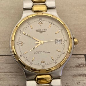 稼働 美品 LONGINES ロンジン Conquest コンクエスト クォーツ シルバー文字盤 デイト コンビ SS メンズ腕時計