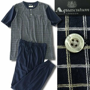 新品 1.4万 アクアスキュータム ジャージー セットアップ パジャマ S 紺 【J47404】 Aquascutum LONDON 春夏 チェック メンズ パンツ