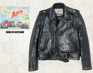 90s ヴィンテージ 英国製 エアロレザー【AERO LEATHER】馬革 Motorcycle Jacket スタッズ装飾 ダブルライダースジャケット 茶芯 36/S-M