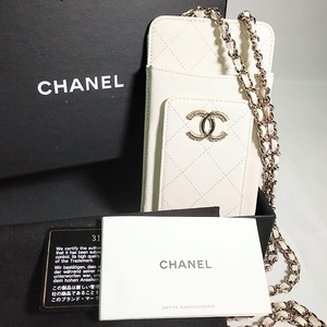 シャネル CHANEL キャビア スキン マトラッセ スマホ フォン コイン ケース チェーン ショルダー ホワイト 白