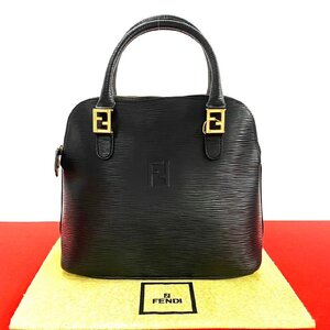 極 美品 希少品 FENDI フェンディ ヴィンテージ FF ロゴ 金具 エピ レザー 本革 ハンドバッグ ミニ ボストンバッグ ブラック 黒 433-4