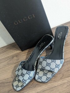 グッチ GUCCI サンダル GGキャンバス GG柄 ミュール グレー 黒 グレー ヒール パンプス オープントゥ 箱あり ヴィンテージ 希少 