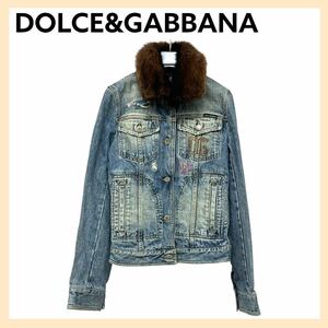 高級 DOLCE&GABBANA ドルチェ＆ガッバーナ 襟ミンクファー DG刺繍 ダメージ加工 デニムジャケット レディース IDS1D 801R