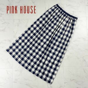 PINK HOUSE ピンクハウス チェック柄 チェリー柄 フレアスカート サイドジップ ミモレ丈 裏地無し 白 紺 サイズM*PC1001