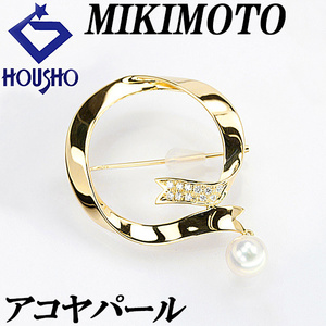 年末大感謝祭【最大40%OFF】ミキモト アコヤパール ブローチ 7.4mm ダイヤモンド K18YG リボン 円 サークル MIKIMOTO 中古 SH111203