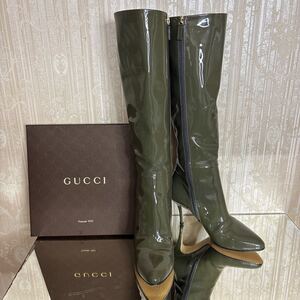 GUCCI ロングブーツ レザー エナメル 高級ブランド グッチ 6 中古 美品 訳あり ピンヒール カーキ 23cm 本革 大人気 靴 ブーツ セレブ 美脚