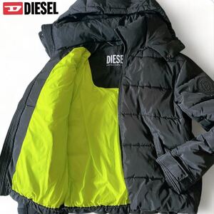 美品【幻のXL!!】DIESEL ディーゼル 現行タグ 裏地イエロー 背面ロゴ 蛍光色 エコダウンジャケット ブルゾン アウター 着脱フード 肉厚 黒