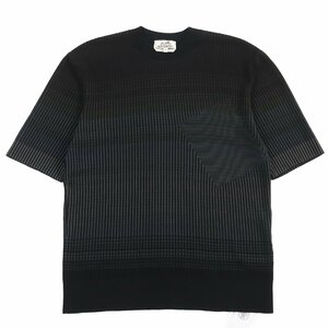 未使用品●HERMES エルメス 2023年製 クルーネック ストライプ柄 半袖Tシャツ・半袖ニット ブラック グレー XS イタリア製 正規品 メンズ