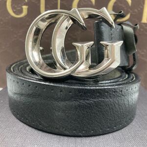 【美品/最高級】GUCCI オールドグッチ ベルト GGマーモント デカロゴ レザー 本革 ブラック 黒 シルバー金具 ビジネス メンズ 100サイズ