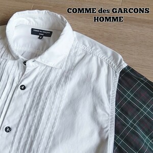 COMME des GARCONS HOMME　プリーツシャツ　半袖　切り替え　メンズ　サイズS　日本製　AD2009　白　チェック　コムデギャルソン オム　a34