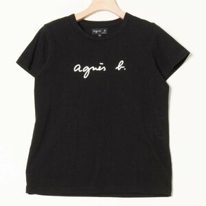 メール便◯ agnes.b アニエスべー クルーネック半袖Tシャツ カットソー トップス ロゴプリント ベーシック 黒 ブラック 2 綿100％ 日本製