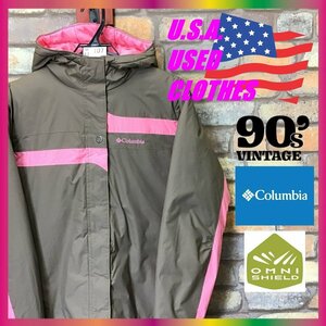 ME7-107★USA古着★90’sオールド品★【Columbia コロンビア】中綿入り ナイロン マウンテンパーカ【ユース XL / 160】ブラウン×ピンク