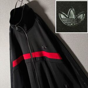 激レアデザイン★アディダス adidas トラックジャケット レザーロゴ 革スリーストライプス バイカラー L〜XL ブラック レッド