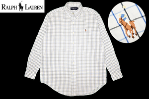 Y-6719★送料無料★美品★Ralph Lauren ラルフローレン★正規品 ホワイト白 グラフチェック ポニーロゴ刺繍 長袖 ボタンダウン シャツ Ｌ