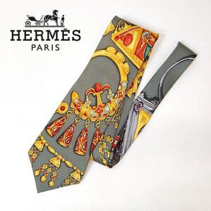 4178 極美品 HERMES エルメス ネクタイ シルク グレー　柄物