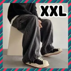 【おしゃれ】 デニム　ワイドパンツ　ストリート　XXL　韓国　黒 ヒップホップ