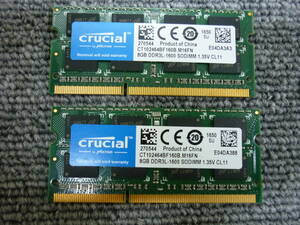 ■[返品返金可]　crucial ノート用メモリ基板 DDR3L-1600(PC3L-12800) 8GB2枚組 動作未確認 中古品　クリックポスト発送■