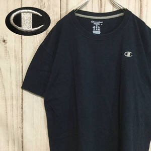 【チャンピオン 半袖ロゴTシャツ】ビッグサイズ ロゴ刺＆#32353; 2XL ネイビー Champion 古着 [220420-030]