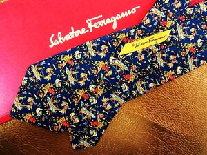 ★良品★3R00705【Ferragamo】フェラガモ「人 船 花 植物 柄」ネクタイ