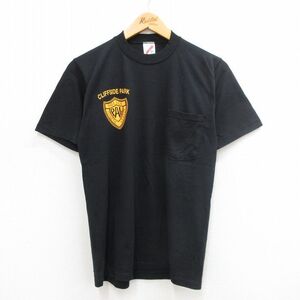 【30%OFF】S/古着 ジャージーズ 半袖 ビンテージ Tシャツ メンズ 80s ポリス クリフサイドパーク 胸ポケット付き クルーネック 黒 ブラ 3OF