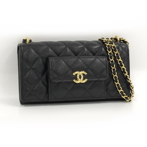 【中古】CHANEL チェーンウォレット ココマーク キャビアスキン レザー ブラック AP2830