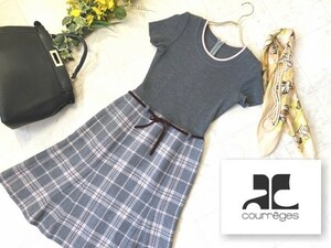 e286★ Courreges クレージュ 切り替え ワンピース ニット ツイード レディース グレー チェック 半袖 ラウンドネック フレアースカート