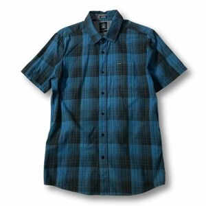 《良品◎》VOLCOM ボルコム★ワンポイント*チェックデザイン*半袖*カジュアルシャツ*ブルー/ブラック*サイズM(MS3039)◆S60