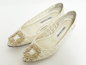 MANOLO BLAHNIK マノロブラニク ハンギシ フラット ホワイトレース バレリーナ レディース シューズ 靴 38.5 222-1271-0001