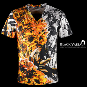 9#bv08-or BLACK VARIA ボタニカル 葉柄 花柄 プレミアム Vネック 半袖Tシャツ メンズ(オレンジ橙) 3L 日本製 吸水速乾＆2wayストレッチ