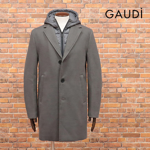 24秋冬/GAUDI/50サイズ/チェスターコート ウール調カルゼ 無地 中綿フード レイヤード風 クラシコ 新品/グレージュ/ja416/