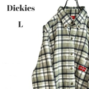 Dickies ディッキーズ 長袖シャツ タグロゴ ネイビー ベージュ チェック メンズ Lサイズ