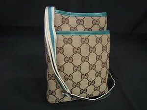 1円 GUCCI グッチ 141863 0416 GG柄 GGキャンバス×レザー ショルダーバッグ 斜め掛け ブラウン系×エメラルドグリーン系 FA9601