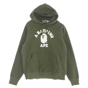 A BATHING APE アベイシングエイプ 001PPF701002X プリント 裏起毛 プルオーバー パーカー グリーン カーキ系 L【中古】