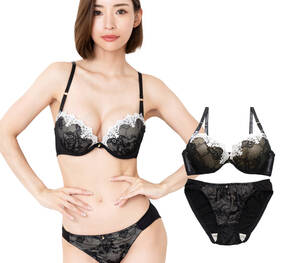 *▼送料無料 新品 C65 ブラック レディース ブラジャー ブラ ショーツ 上下 セット 女性 上品 大人 花柄 勝負 レース 89