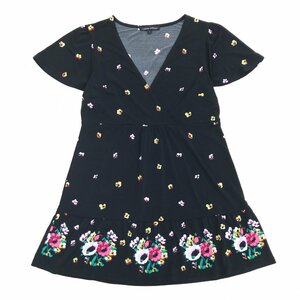 LAURA ASHLEY ローラアシュレイ 花柄 ストレッチ チュニック クロス カットソー XS 黒 ブラック 半袖 ワンピース Tシャツ 総柄 レディース