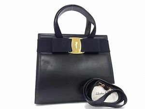 1円 ■美品■ Salvatore Ferragamo フェラガモ BA214178 ヴァラリボン レザー 2WAY ハンドバッグ ショルダー ネイビー系 FH0725