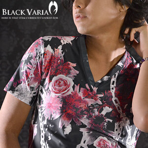 9#bv01-re BLACK VARIA 薔薇 バラ 花 チェーン柄 プレミアム Vネック 半袖Tシャツ メンズ(レッド赤) 3L 日本製 吸水速乾＆2wayストレッチ