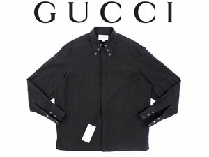 18万新品◆GUCCI グッチ ロングポイント襟袖ハトメデザイン カジュアルコットンシャツ 黒 1円