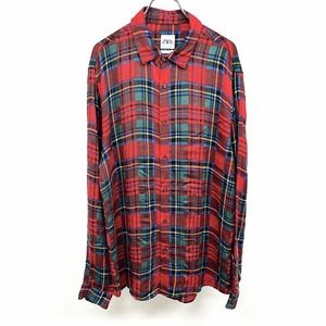 ザラ ZARA ロングシャツ シャツチュニック シャツワンピース 長袖 ポケット無し レーヨン100% L 赤 赤×緑×黄×黒 レディース