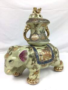 【三】象 香炉 薩摩焼 金襴 高さ約27cm 金彩 豪華絢爛 時代 インテリア コレクション 美術品 　o3284-A