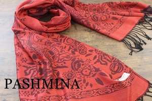 新品【パシュミナ Pashmina】ボタニカル柄 RED 赤 レッド 大判 ストール カシミア100% Cashmere