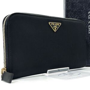 極美品◆PRADA プラダ 長財布 ロングウォレット テスートナイロン 三角プレート トライアングル ゴールドロゴ ブラック メンズ レディース