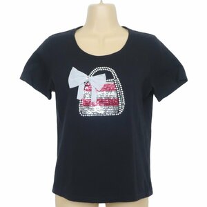 ギャラリービスコンティ★Tシャツ 半袖 カットソー サイズ2 ストレッチ素材 バッグ柄 ビジュー&スパンコール リボン 黒系 z3418